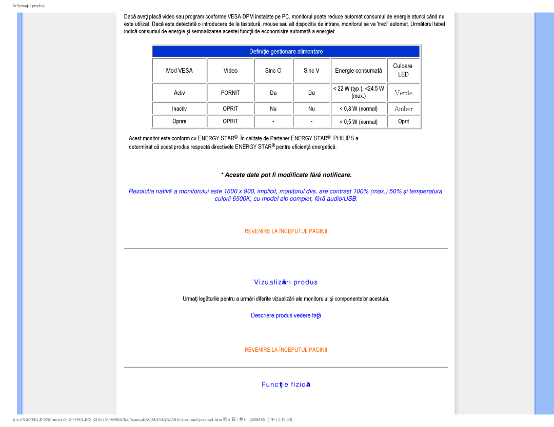 Philips 2.01E+03 manual Vizualizări produs, Funcţie fizică 