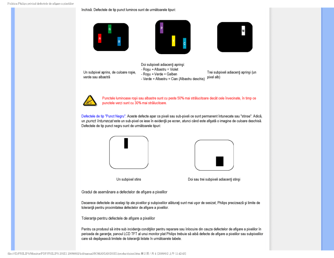 Philips 2.01E+03 manual Gradul de asemănare a defectelor de afişare a pixelilor 