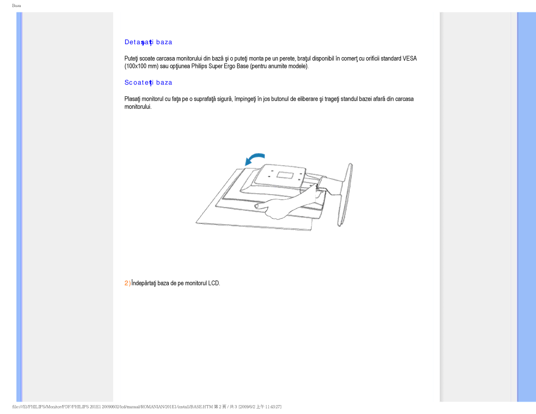 Philips 2.01E+03 manual Detaşaţi baza, Scoateţi baza 