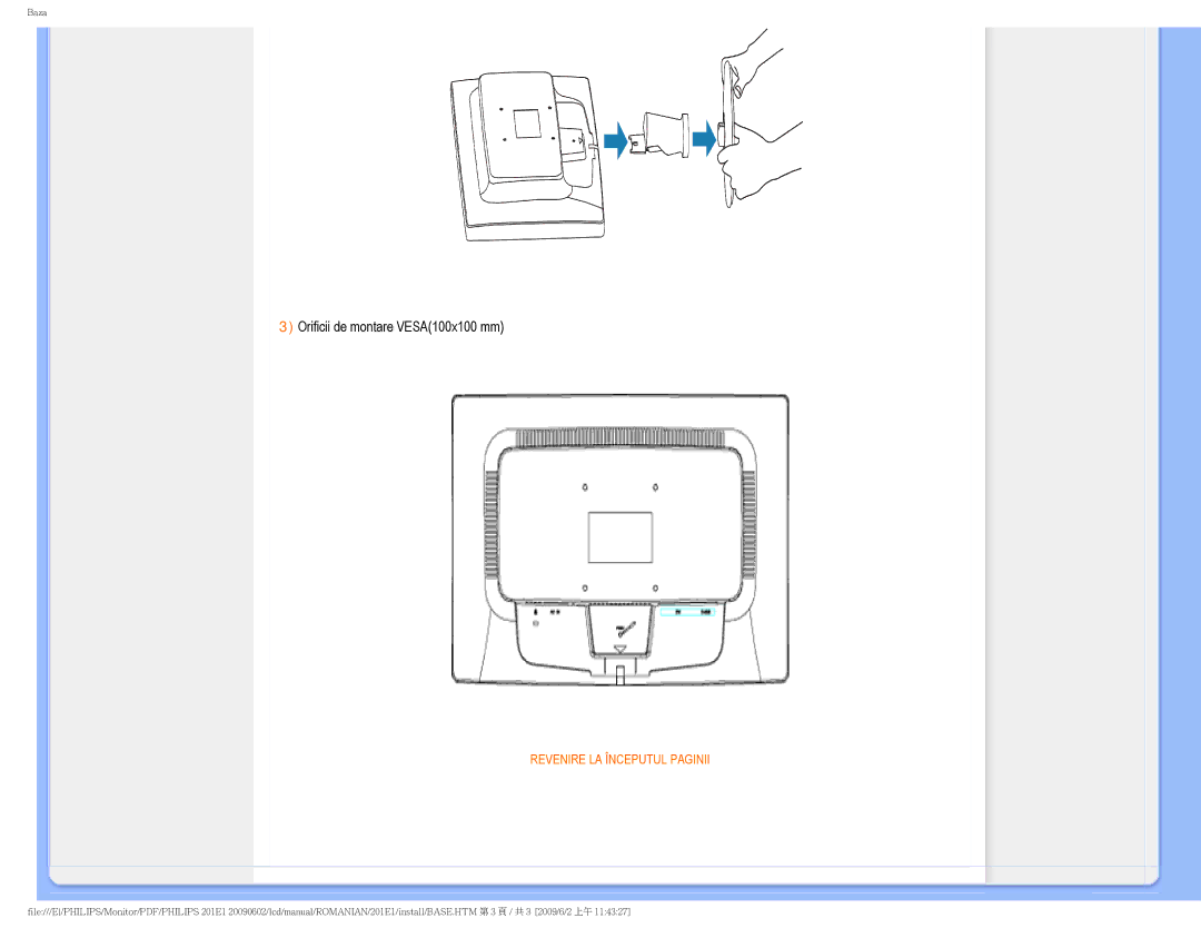 Philips 2.01E+03 manual Orificii de montare VESA100x100 mm 