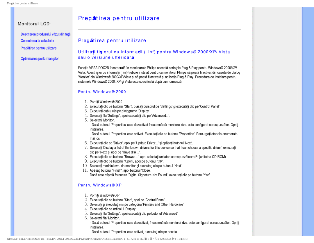 Philips 2.01E+03 manual Pregătirea pentru utilizare, Pentru Windows XP 