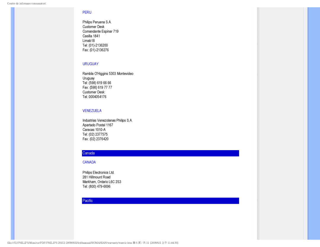 Philips 2.01E+03 manual Canada 