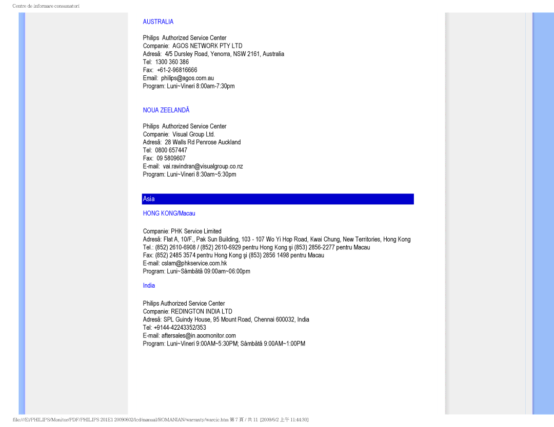 Philips 2.01E+03 manual Asia 