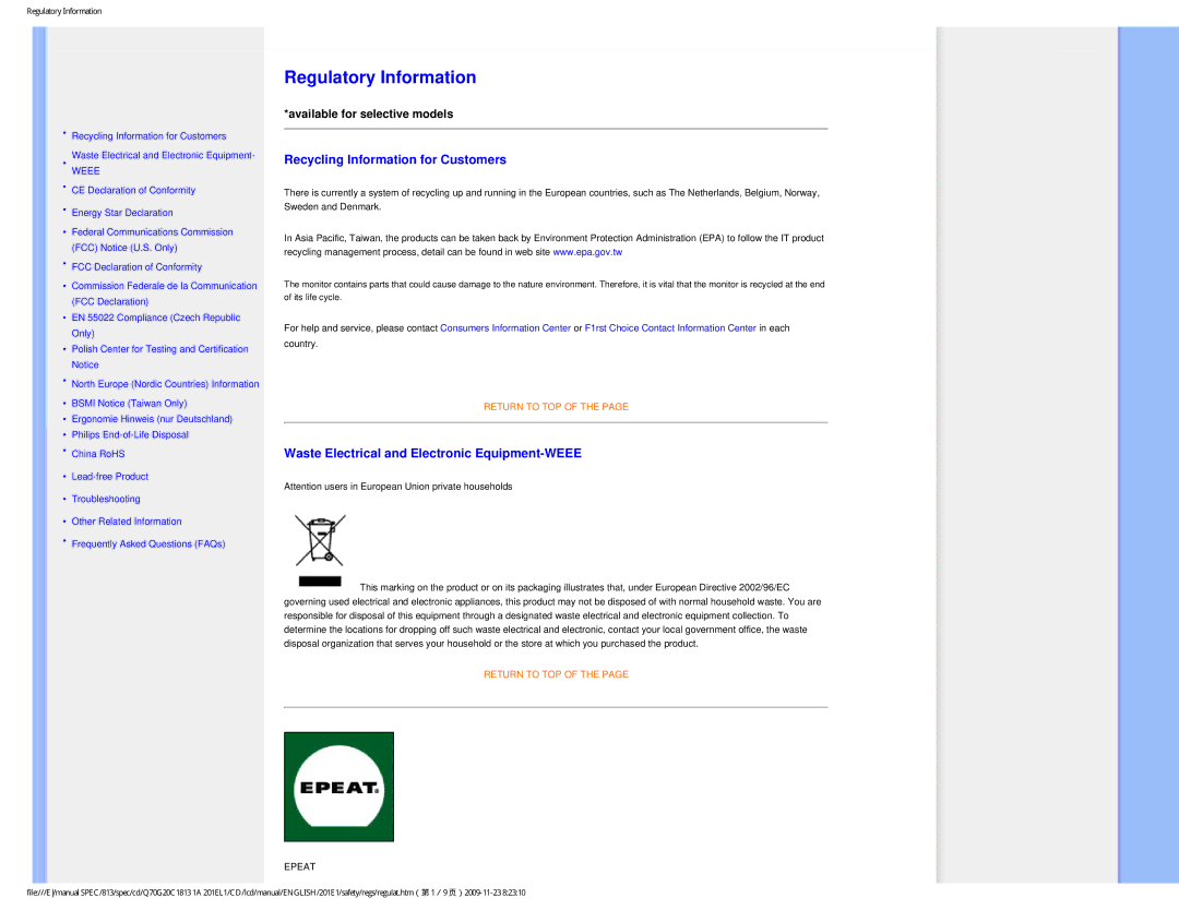 Philips 201EL1SB/00 user manual Recycling Information for Customers, Waste Electrical and Electronic Equipment-WEEE 