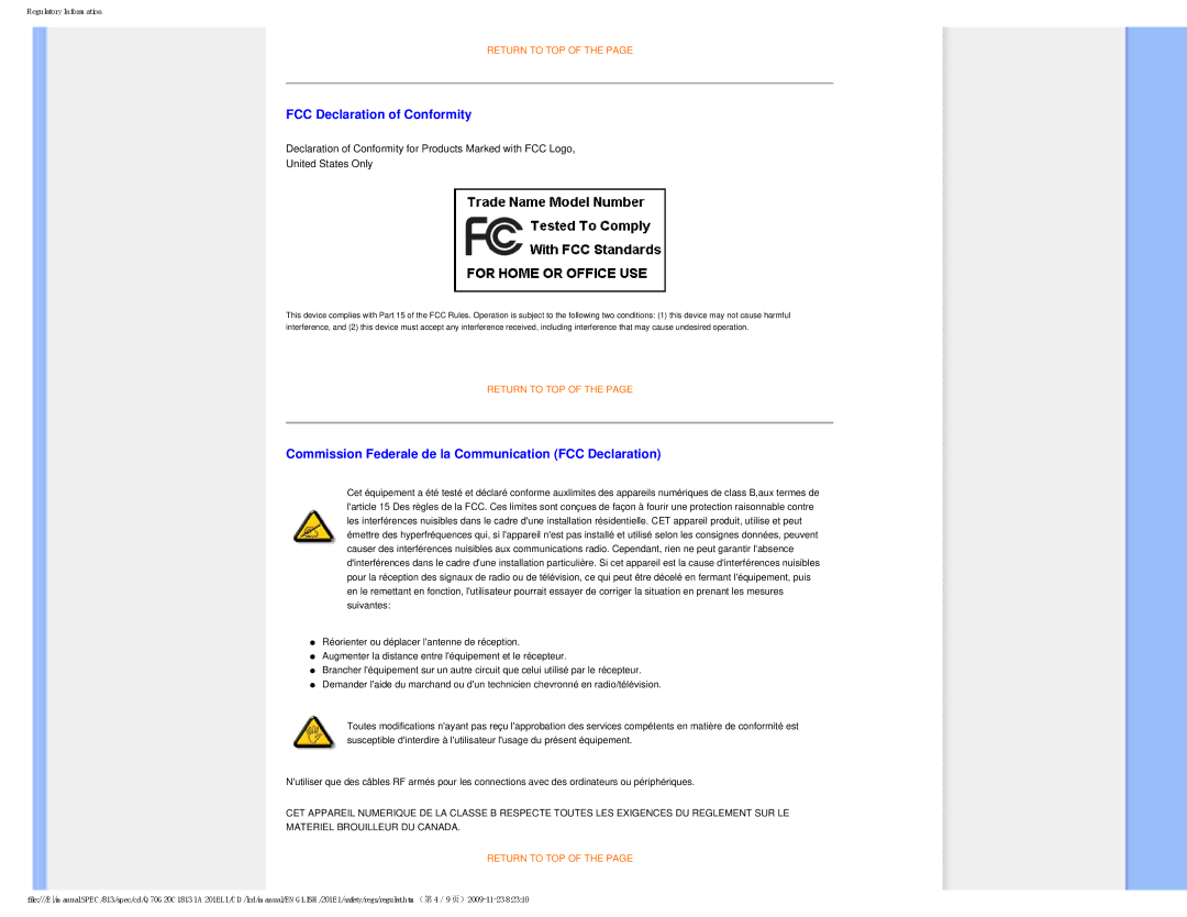 Philips 201EL1SB/00 user manual FCC Declaration of Conformity, Commission Federale de la Communication FCC Declaration 