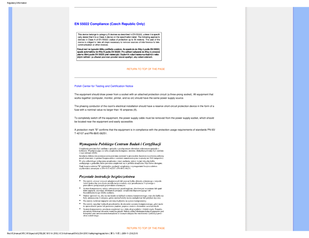 Philips 201EL1SB/00 user manual EN 55022 Compliance Czech Republic Only, Polish Center for Testing and Certification Notice 