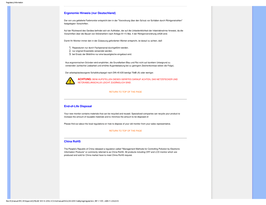 Philips 201EL1SB/00 user manual Ergonomie Hinweis nur Deutschland, End-of-Life Disposal, China RoHS 