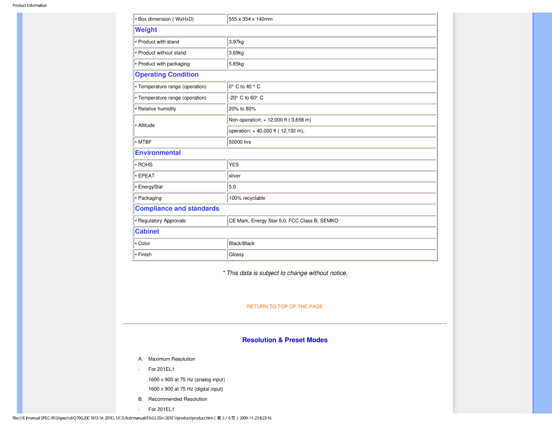 Philips 201EL1SB/00 user manual Operating Condition, Resolution & Preset Modes 