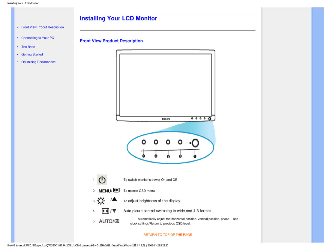 Philips 201EL1SB/00 user manual Installing Your LCD Monitor, Front View Product Description 