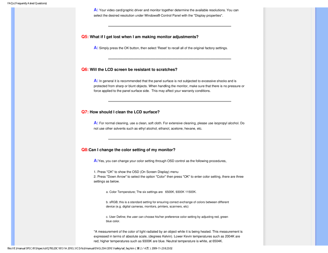 Philips 201EL1SB/00 user manual Q5 What if I get lost when I am making monitor adjustments? 