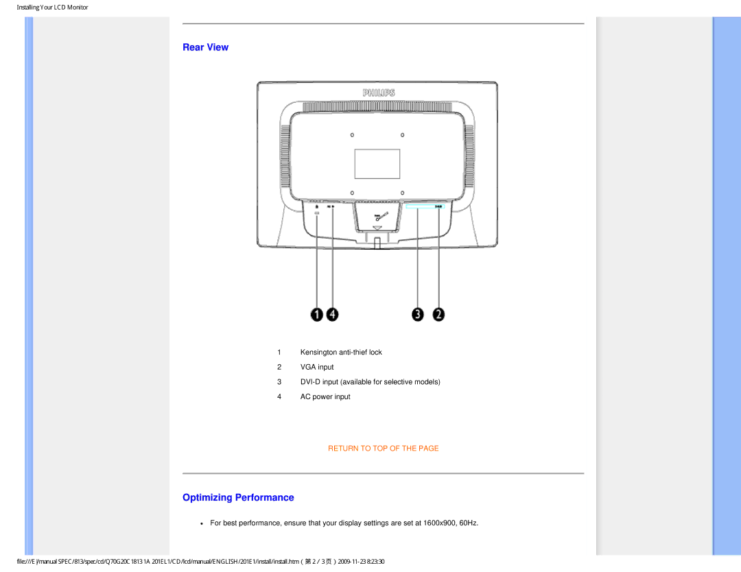 Philips 201EL1SB/00 user manual Rear View, Optimizing Performance 