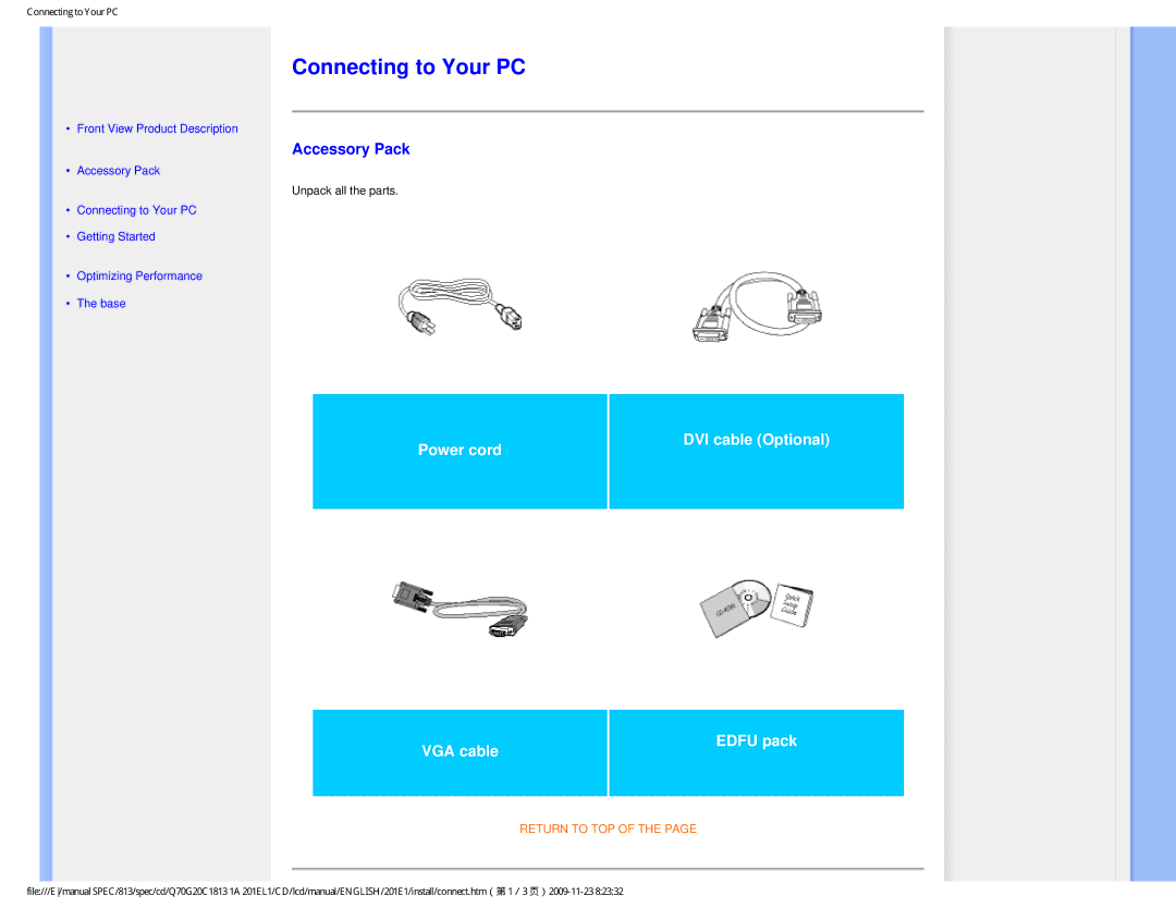 Philips 201EL1SB/00 user manual Connecting to Your PC, Accessory Pack 