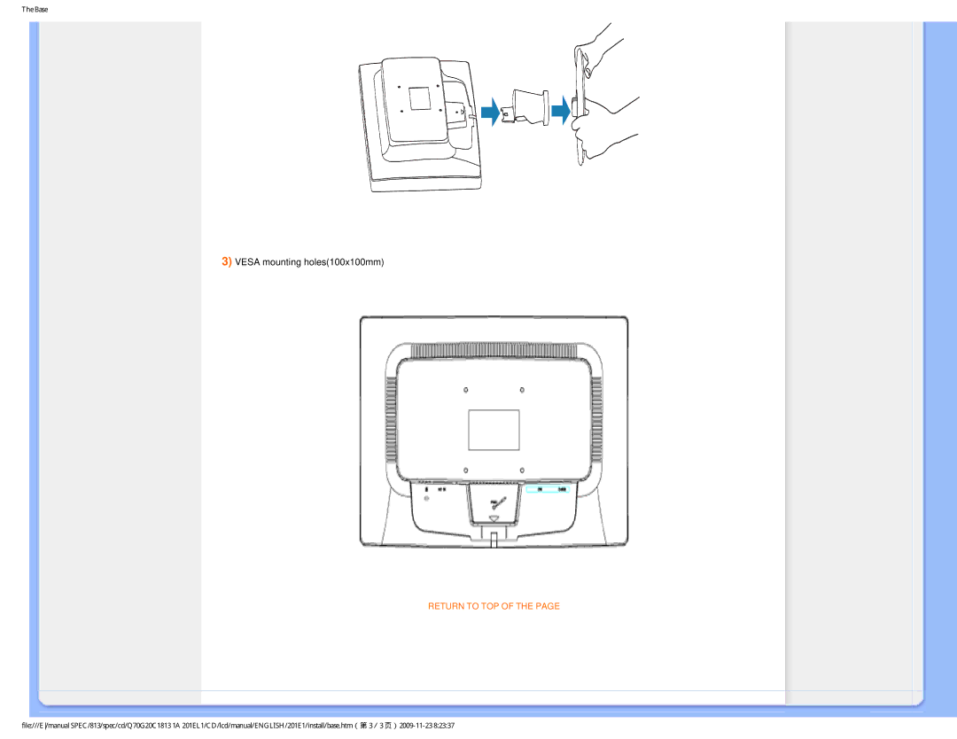 Philips 201EL1SB/00 user manual Vesa mounting holes100x100mm 