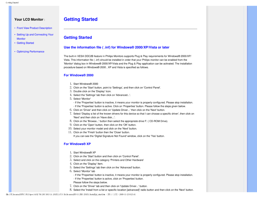 Philips 201EL1SB/00 user manual Getting Started, For Windows XP 