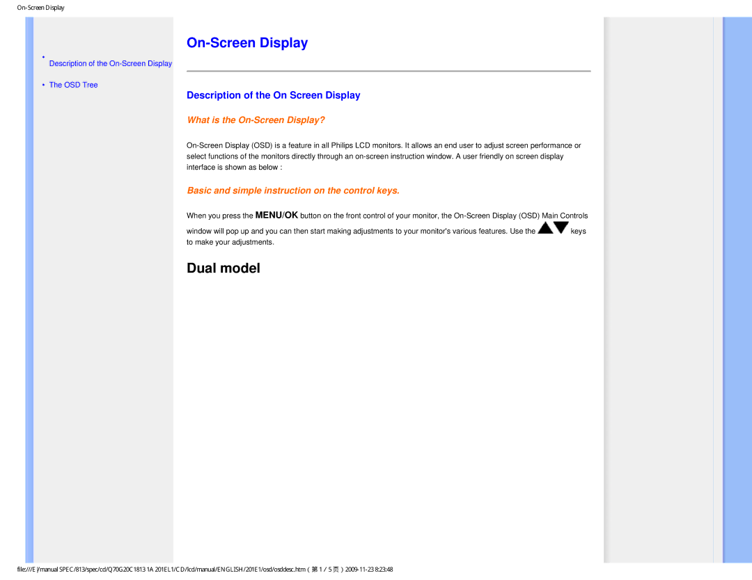 Philips 201EL1SB/00 user manual On-Screen Display, Description of the On Screen Display 