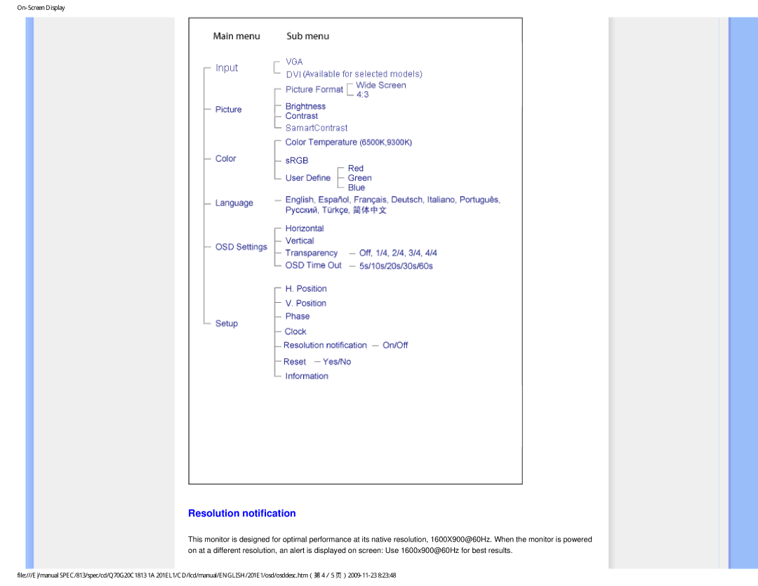 Philips 201EL1SB/00 user manual Resolution notification 