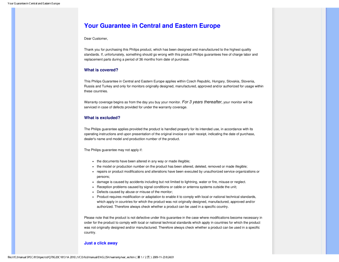 Philips 201EL1SB/00 user manual Your Guarantee in Central and Eastern Europe, Just a click away 