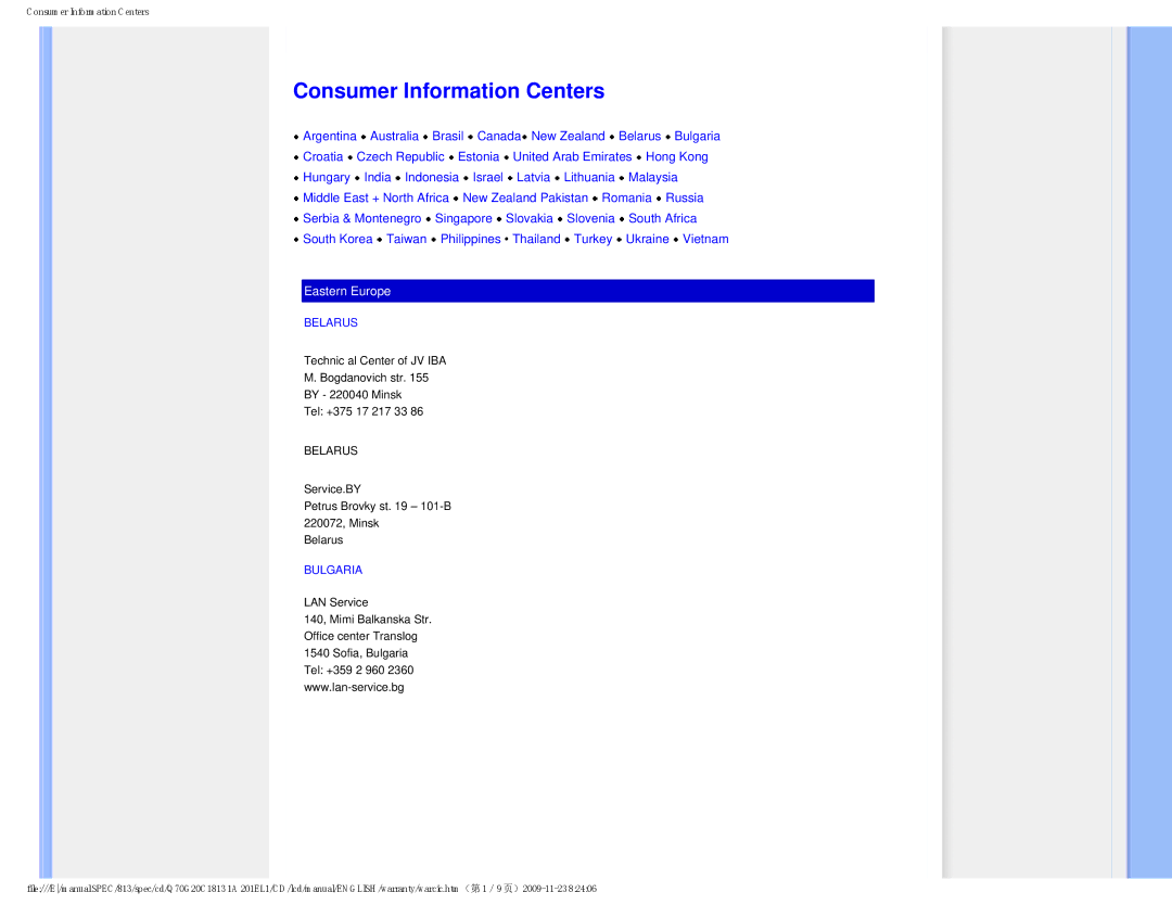 Philips 201EL1SB/00 user manual Consumer Information Centers, Eastern Europe 