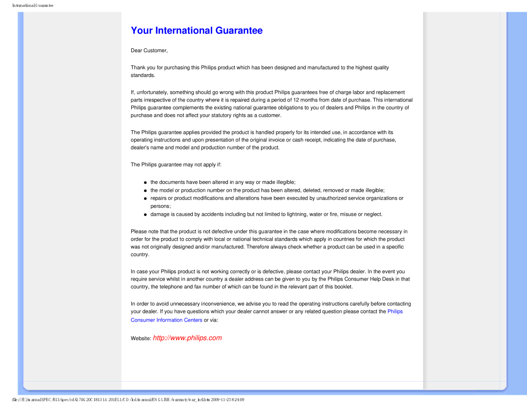 Philips 201EL1SB/00 user manual Your International Guarantee 