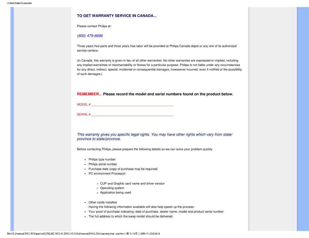 Philips 201EL1SB/00 user manual To GET Warranty Service in Canada 