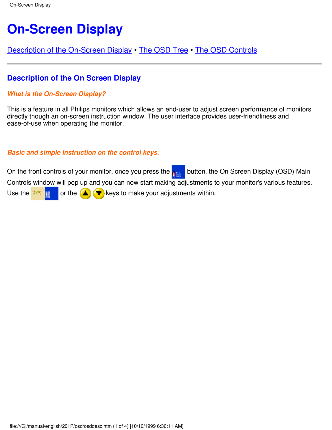 Philips 201P user manual On-Screen Display, Description of the On Screen Display 