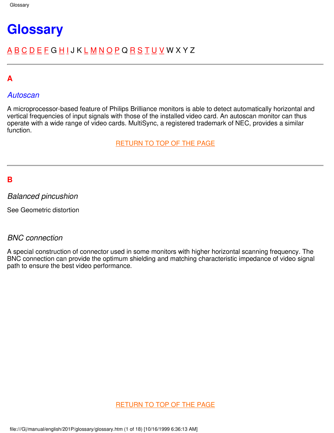 Philips 201P user manual Glossary, Balanced pincushion, BNC connection 