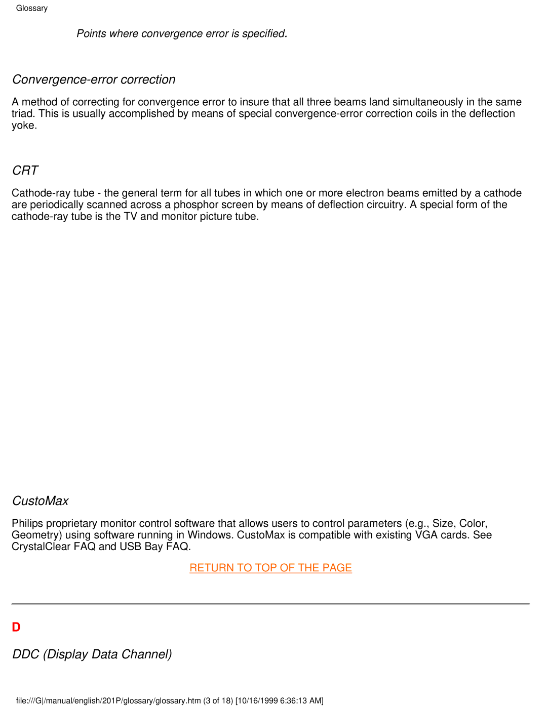 Philips 201P user manual Convergence-error correction, CustoMax, DDC Display Data Channel 