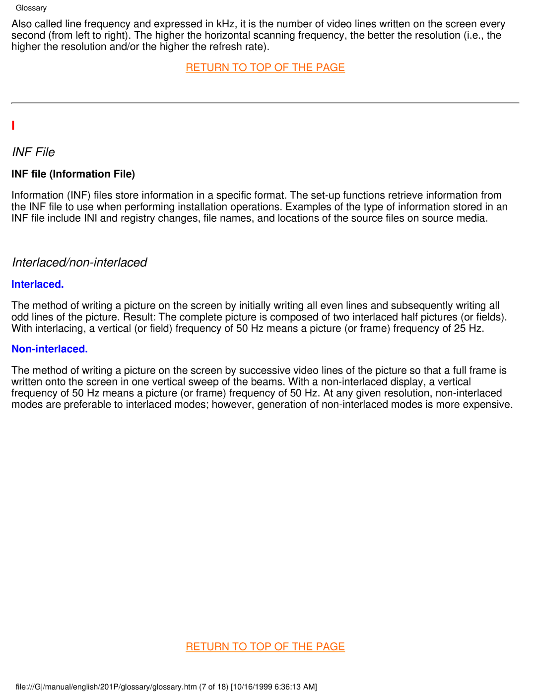 Philips 201P user manual INF File, Interlaced/non-interlaced 