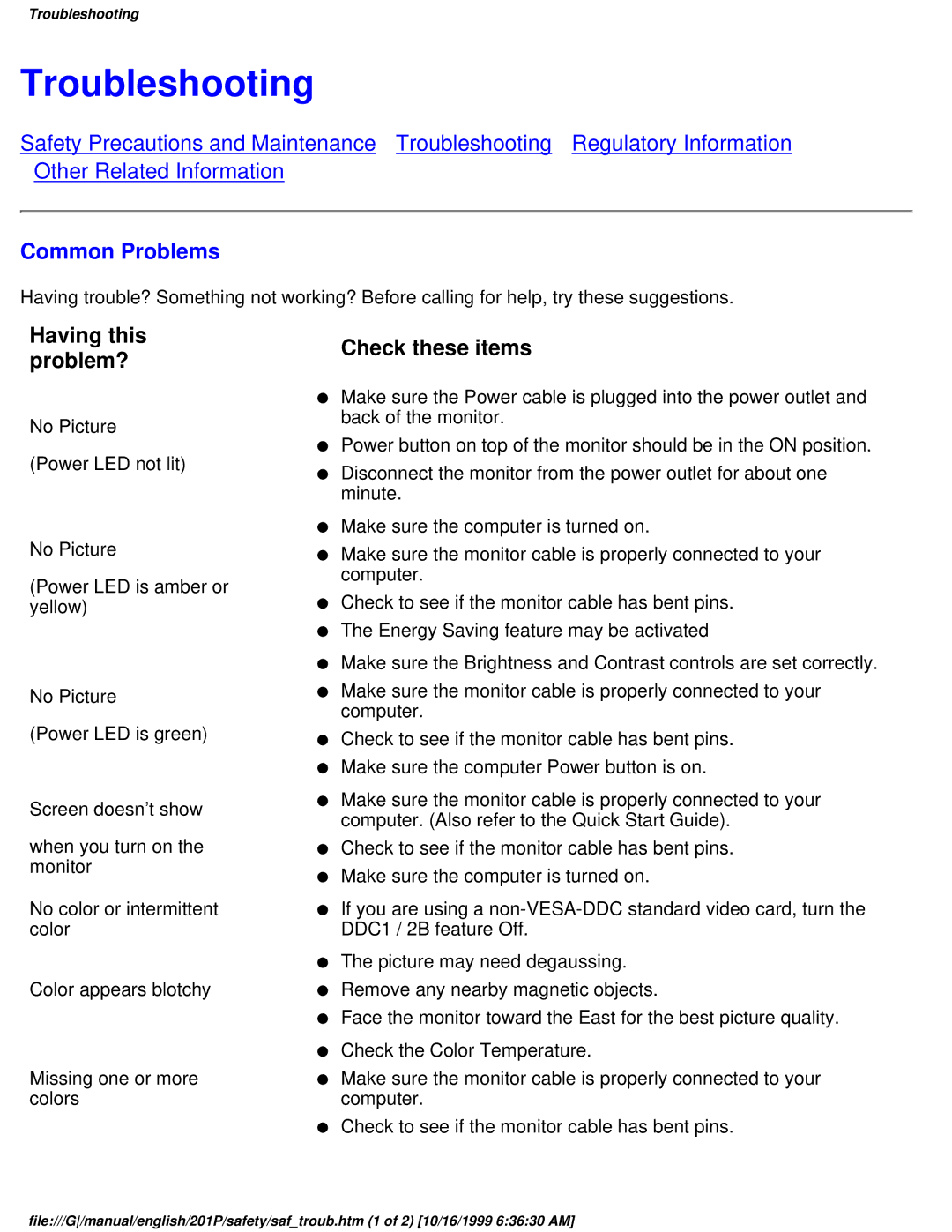 Philips 201P user manual Troubleshooting, Common Problems 