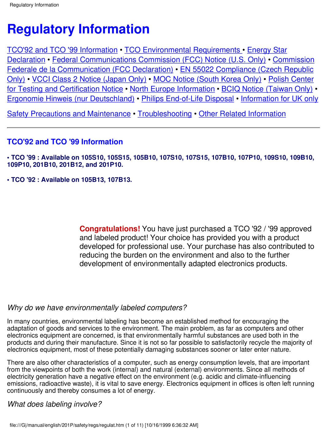 Philips 201P Regulatory Information, TCO92 and TCO 99 Information, Why do we have environmentally labeled computers? 