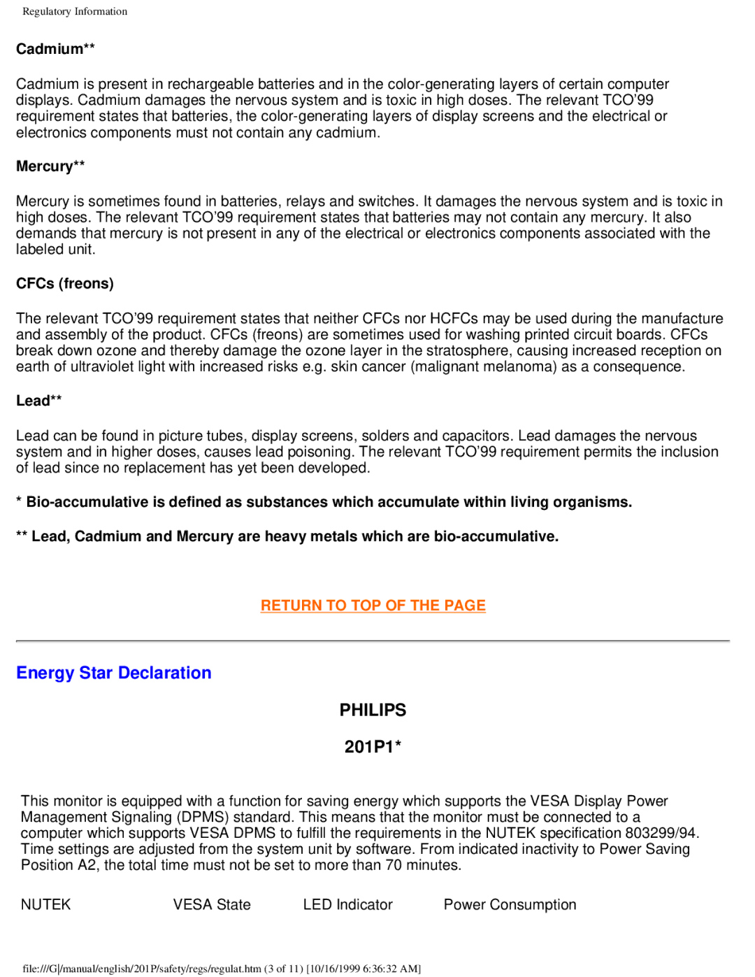 Philips 201P user manual Energy Star Declaration, Cadmium 