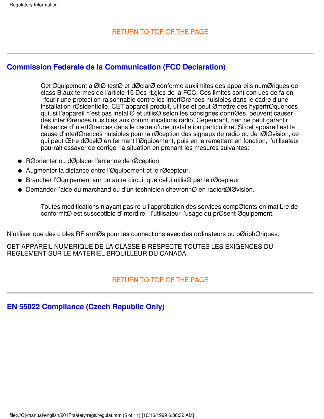 Philips 201P user manual Commission Federale de la Communication FCC Declaration, EN 55022 Compliance Czech Republic Only 