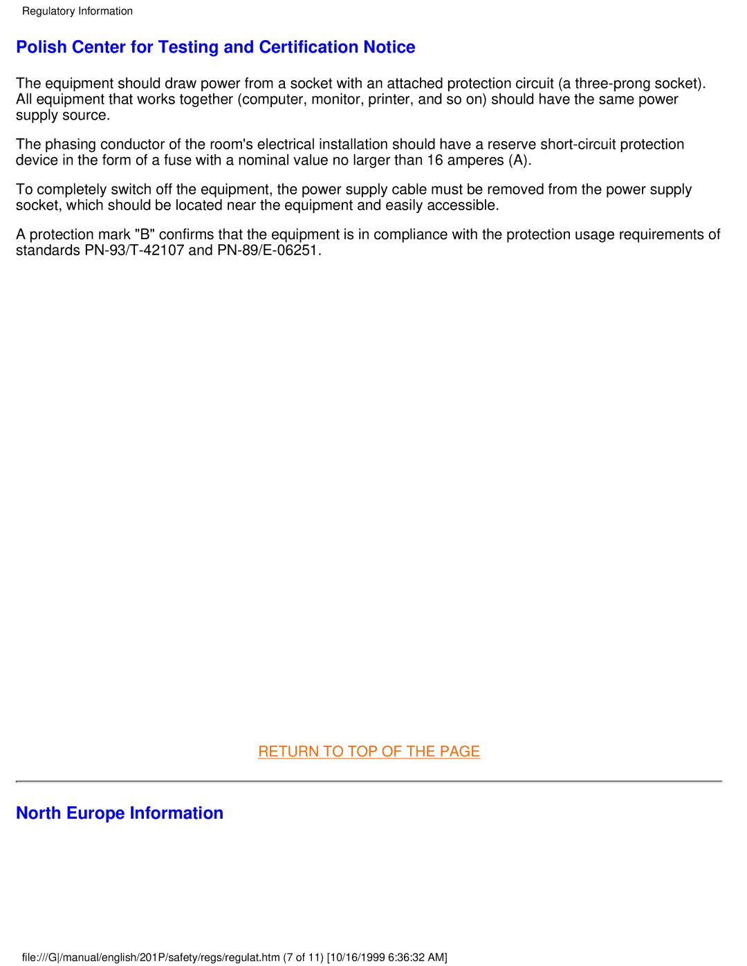 Philips 201P user manual Polish Center for Testing and Certification Notice, North Europe Information 