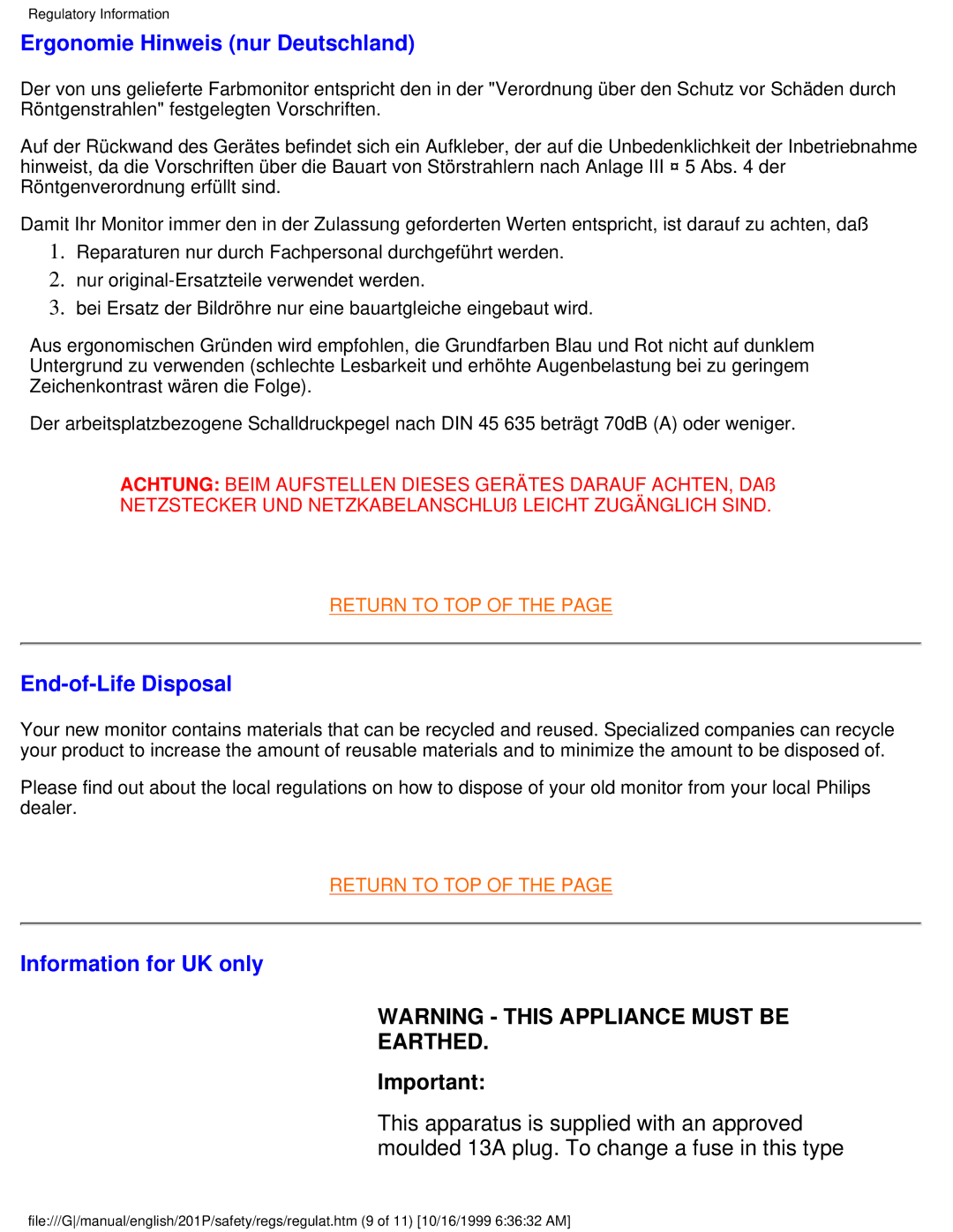 Philips 201P user manual Ergonomie Hinweis nur Deutschland, End-of-Life Disposal, Information for UK only 