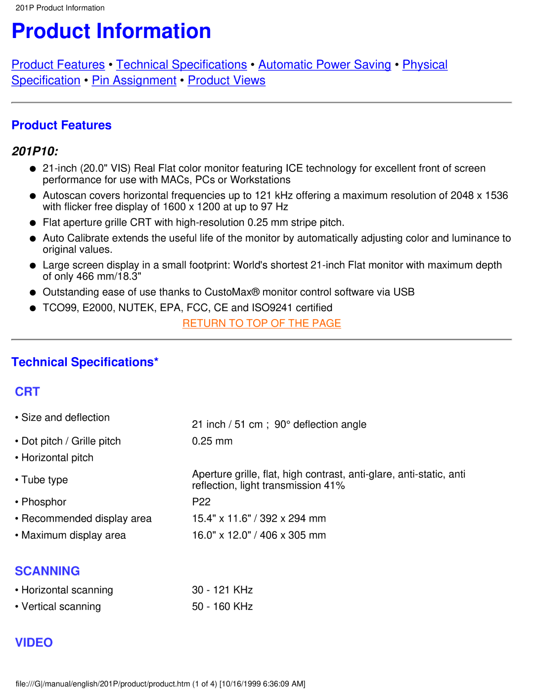 Philips 201P user manual Product Information, Product Features, Technical Specifications 