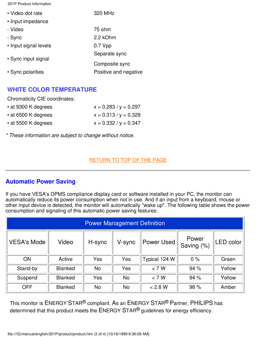 Philips 201P user manual White Color Temperature, Automatic Power Saving 