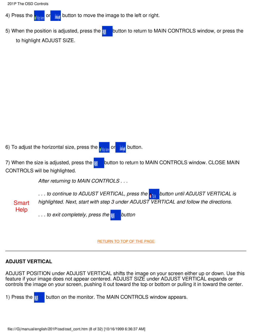 Philips 201P user manual Help, Adjust Vertical 