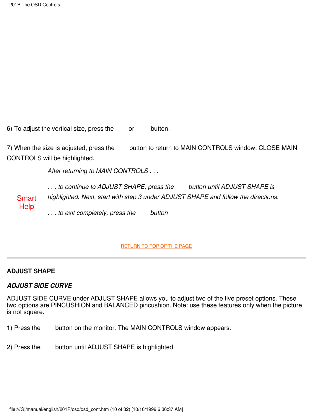 Philips 201P user manual Adjust Shape, Adjust Side Curve 