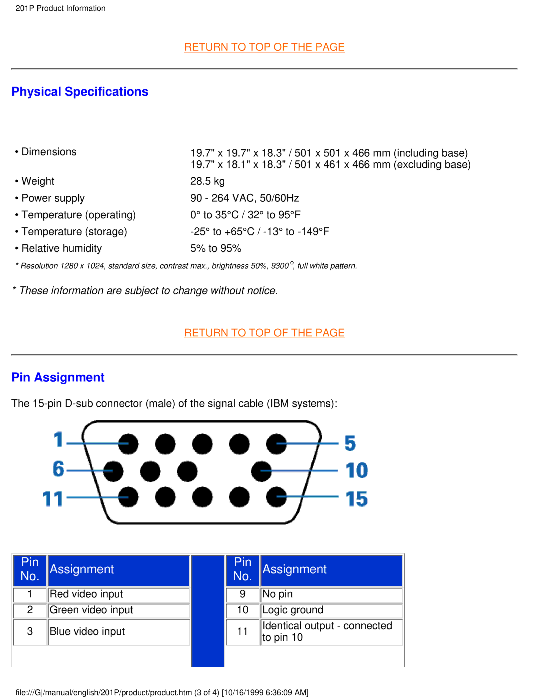 Philips 201P user manual Physical Specifications, Pin Assignment 