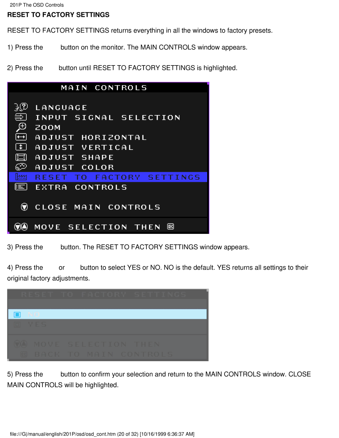 Philips 201P user manual Reset to Factory Settings 