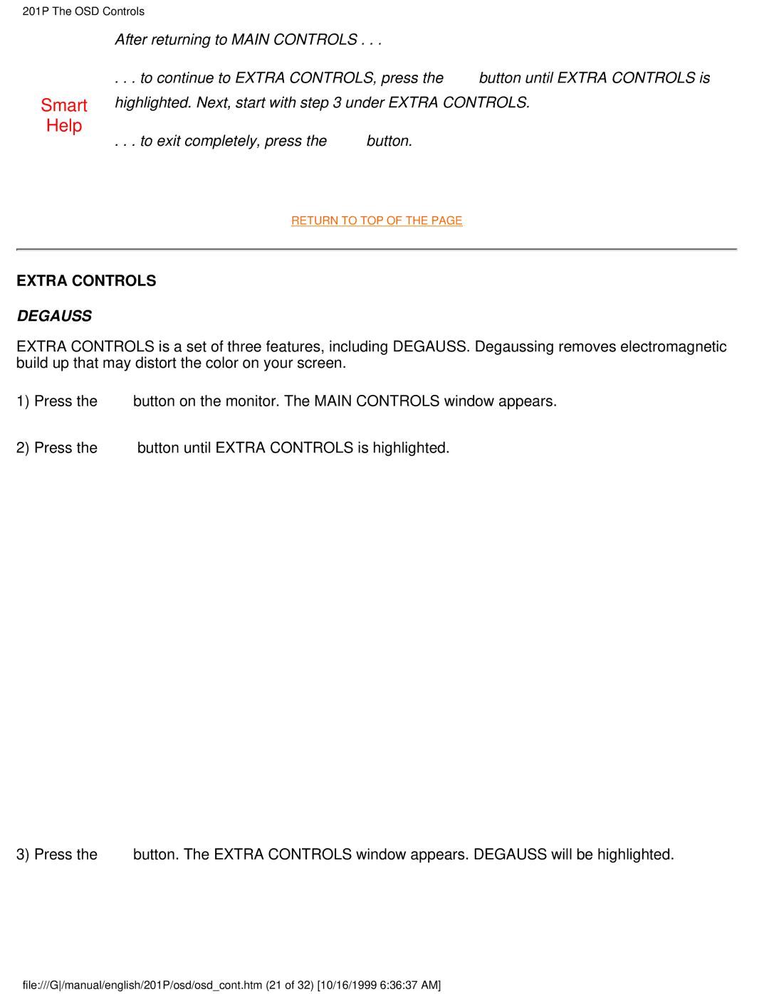 Philips 201P user manual Extra Controls, Degauss 