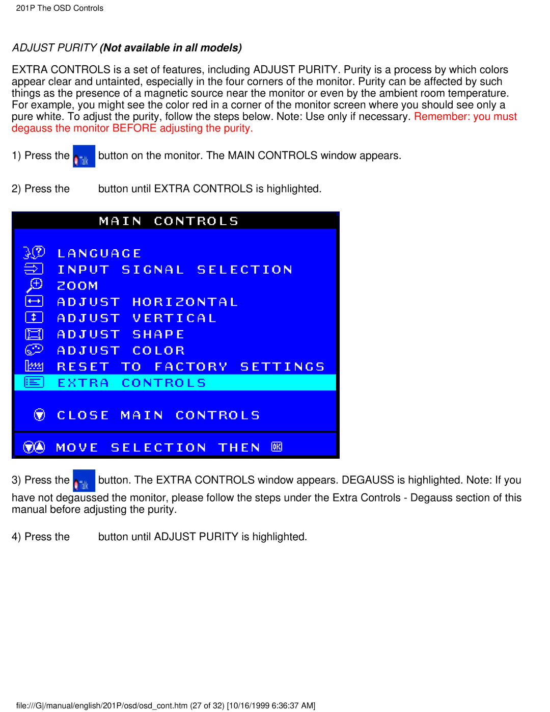 Philips 201P user manual Adjust Purity Not available in all models 