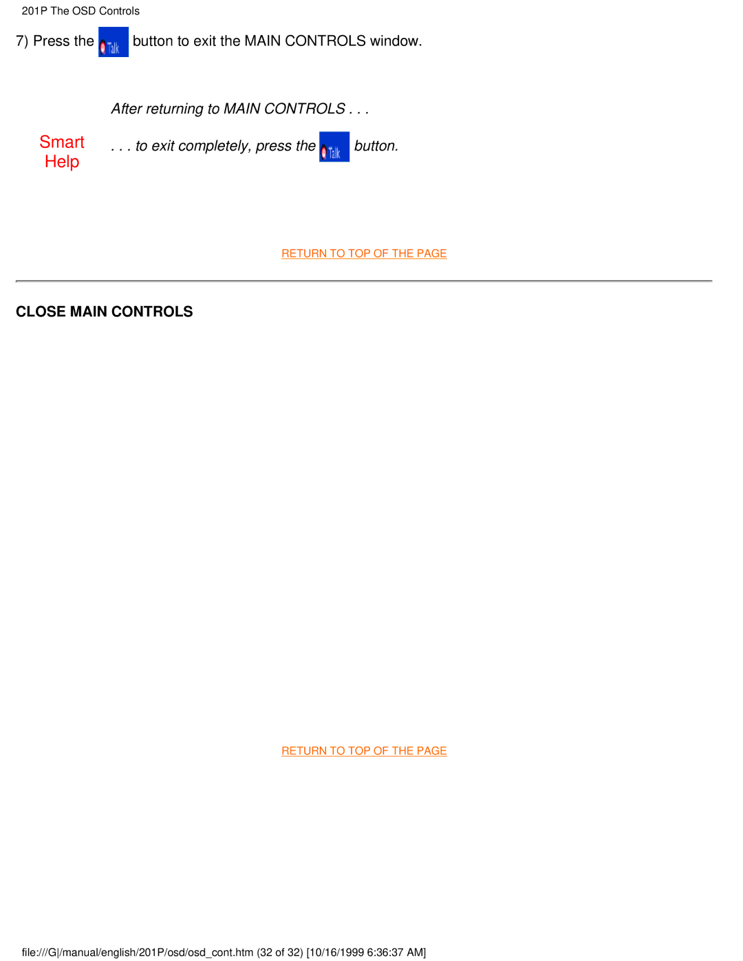 Philips 201P user manual Close Main Controls 