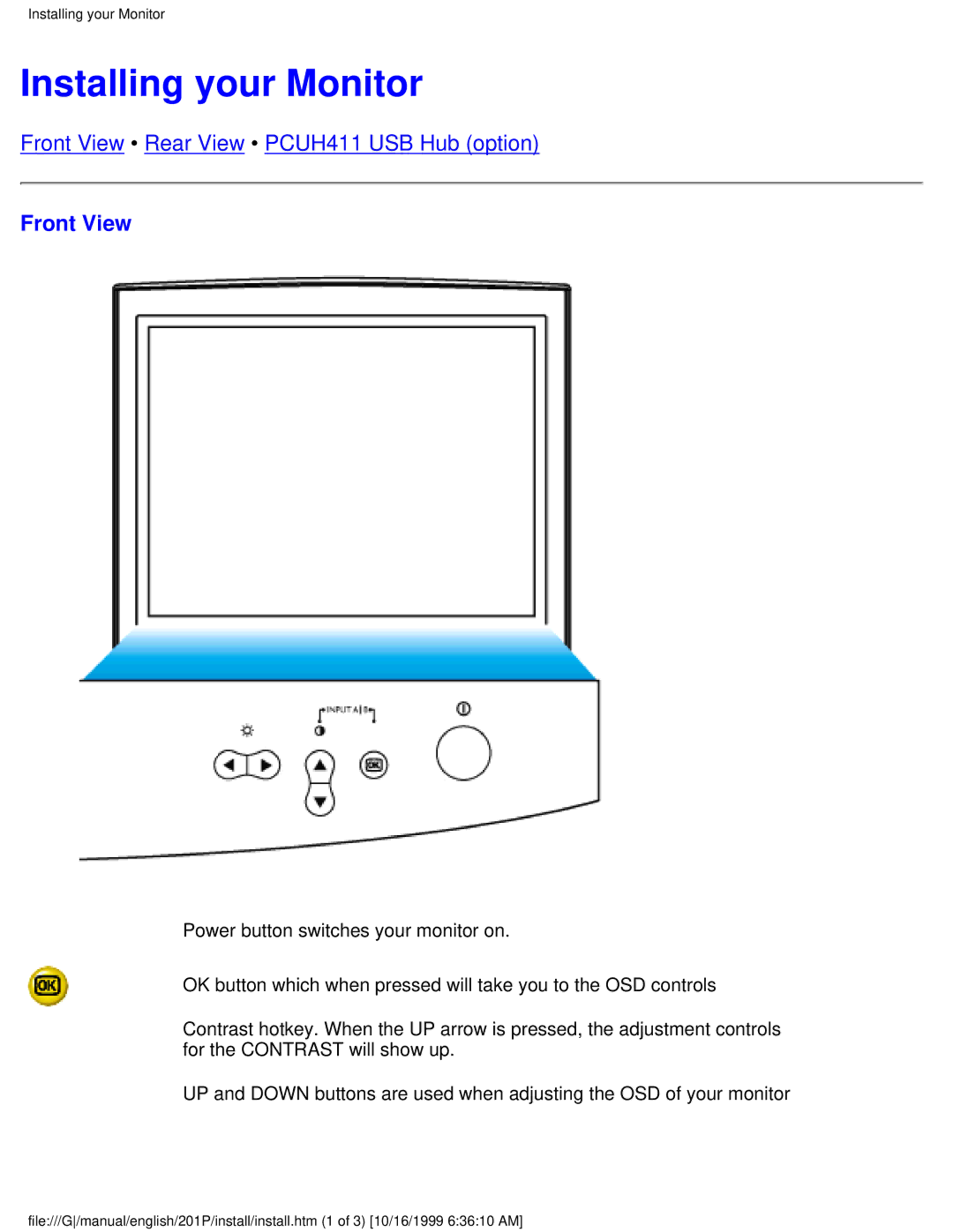 Philips 201P user manual Installing your Monitor, Front View 