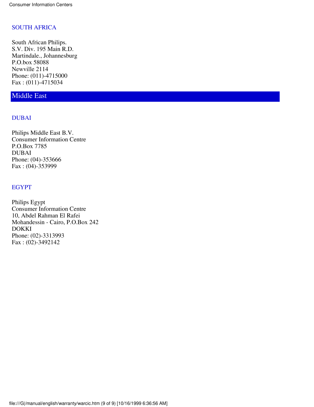 Philips 201P user manual South Africa, Dubai, Egypt 