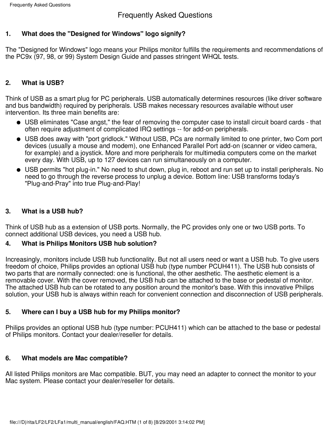 Philips 201P user manual What does the Designed for Windows logo signify?, What is USB?, What is a USB hub? 