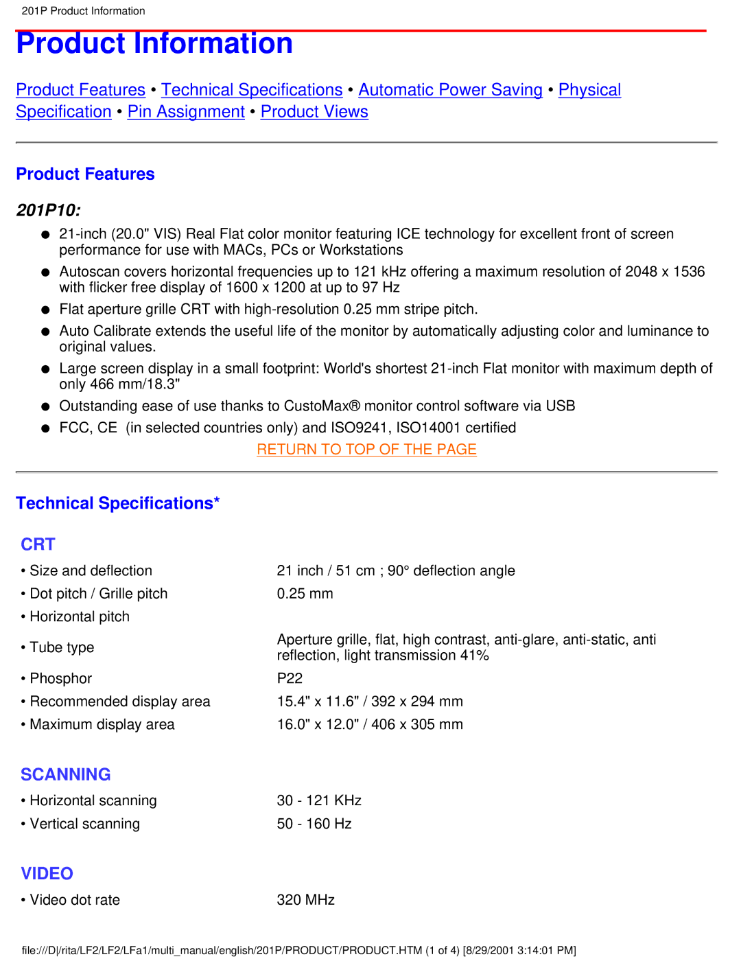 Philips 201P user manual Product Information, Product Features, Technical Specifications 