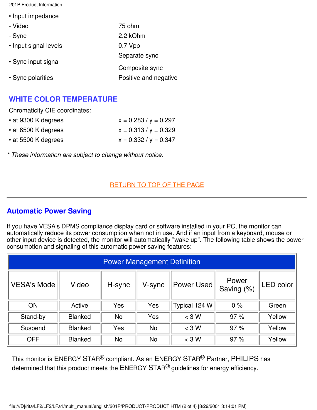 Philips 201P user manual White Color Temperature, Automatic Power Saving 