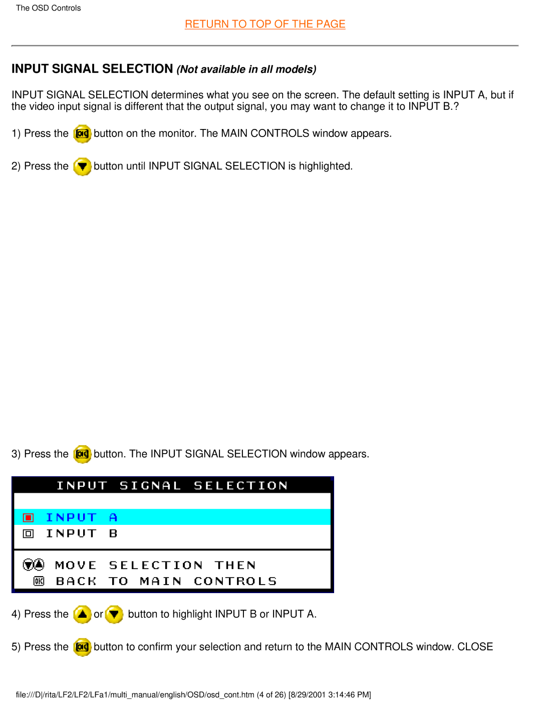 Philips 201P user manual Input Signal Selection Not available in all models 