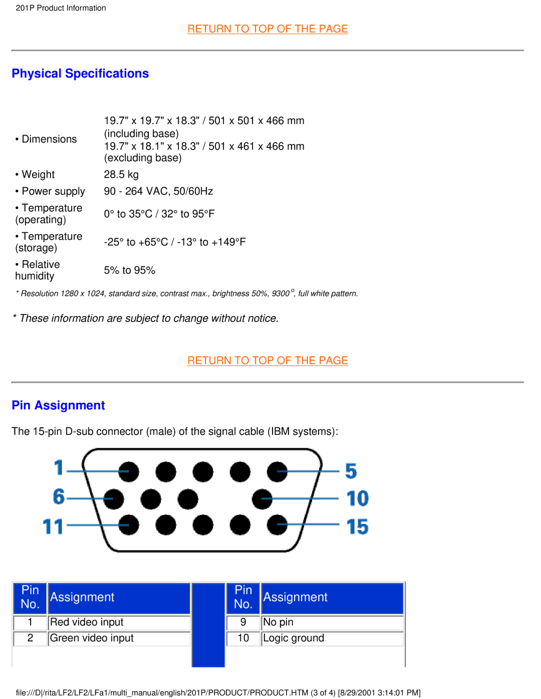 Philips 201P user manual Physical Specifications, Pin Assignment 